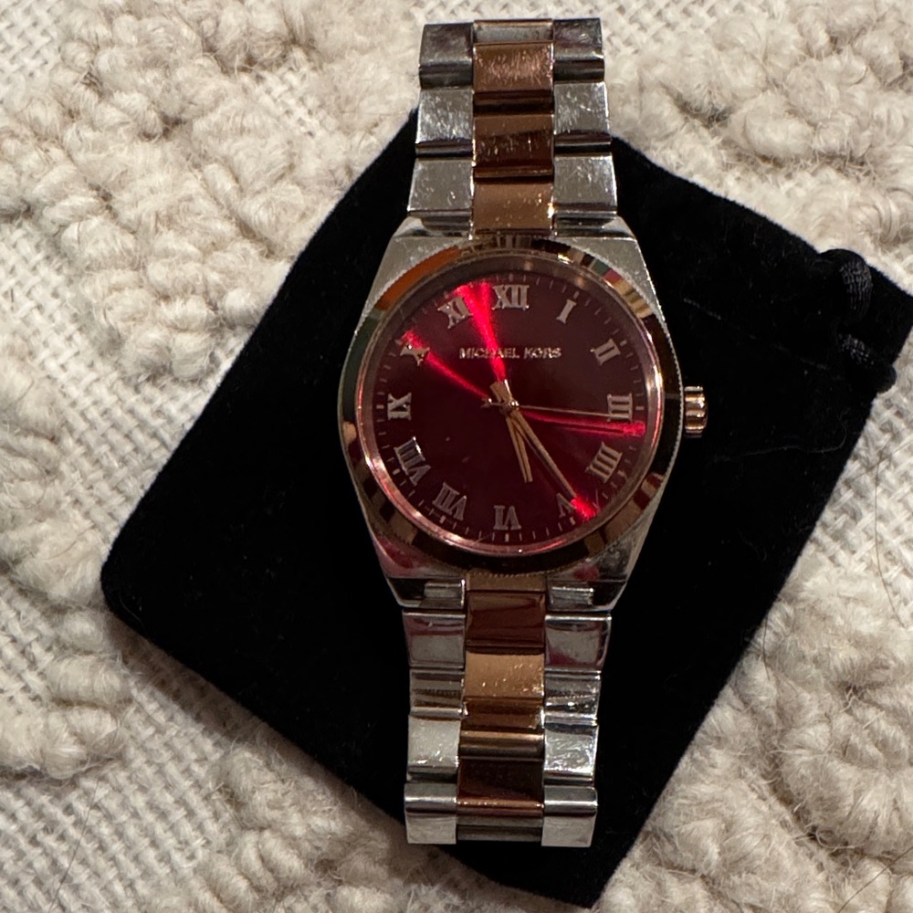 Michael Kors Red Dial Silver and Gold Women's Watch
